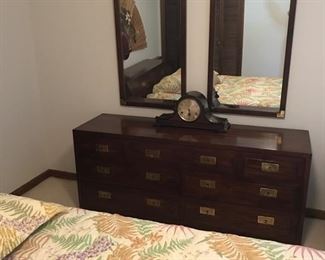 Henredon campaign style bedroom suite.  Queen bed, dresser and vanity