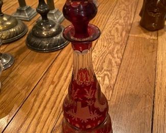 Antique etched cranberry  glass bottle