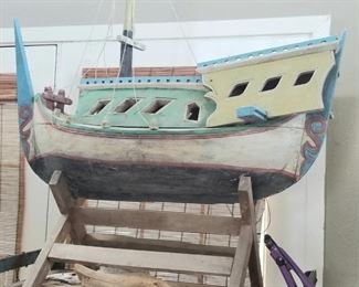 Vintage large Folk-art boat with stand