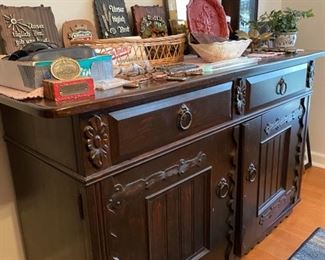 Decorative wood buffet, treasures from world travels. 