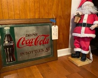 Authentic vintage framed glass Coca Cola Sign, Vintage electronic moving Santa