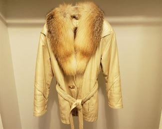 Leather coat with fur collar