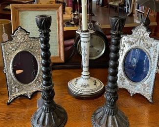 Wooden Candlesticks, $125 Pair; Lamp, $155; Silver Frames