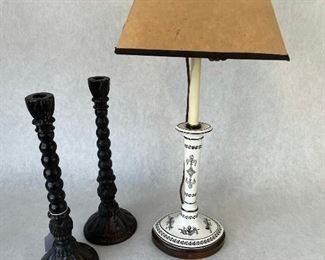 Pair Antique Wooden Candlesticks, $125; Candlestick Lamp, $125