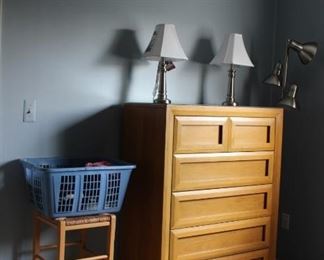 Bedroom, Chest, Silver Lamps, Rattan Stool