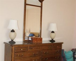 Ethan Allen Dresser with Mirror, Lamps, Wood Box, Comforters