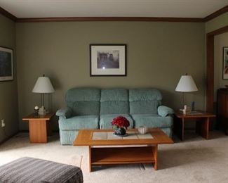 Living Room Furniture, Sofa, Modern End Tables, Lamps, Framed Art, Lion Figurines