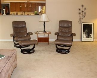 Recliners with Ottomans, End Table, Metal Art and Framed Art