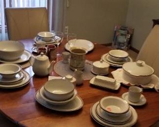 Brown Band China and top of Wood  Dining Drop Leaf Table