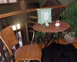 Wicker Table, Matching Chair, Brass Floor Lamp