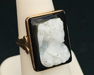 14k yellow gold large cameo ring, size 6.5.  It measures 3/4" by 1/2", and weighs 5.4g.  $398