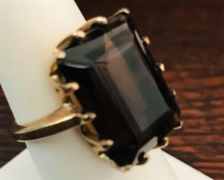 Vintage extra large 10k yellow gold ring with large smoky topaz measuring 3/4" tall, 1/2" wide.  It is size 7.5, weighing 8.2g.  $360
