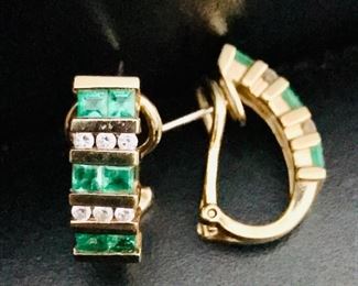14k yellow gold, emerald and diamond earrings, measuring 3/4" tall, and weighing 5.2g.  Marked 14k, and m in a circle.  $880 