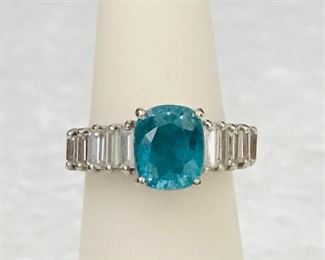 14k white gold, blue topaz and clear crystal ring, size 5, weighing 5.2g.  $298