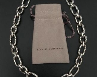 Blue Sapphire cabochons accent the toggle on this chunky vintage (retired) sterling silver cable link necklace by David Yurman, measuring 18" long and 12.5mm (1/2 inch) wide.  Weighs 95.3g.  Marked DY and 925.  $1250