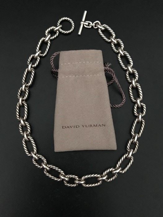 Blue Sapphire cabochons accent the toggle on this chunky vintage (retired) sterling silver cable link necklace by David Yurman, measuring 18" long and 12.5mm (1/2 inch) wide.  Weighs 95.3g.  Marked DY and 925.  $1250
