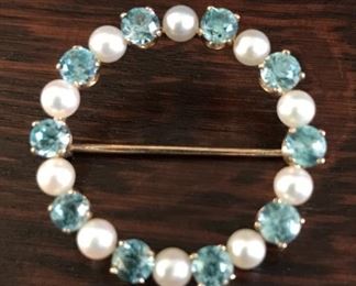 14k yellow gold, pearls and aquamarine.  1.25" in diameter, weighing 5.6 grams.  $345