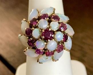 18k yellow gold big vintage fiery opal and ruby ring size 7, weighing 6.5g.  Face of ring is 7/8" across, and the dome is 3/4" tall.  $1200