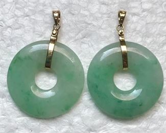 Pair of 14k yellow gold and jade vintage pendants for earrings (just slide over stud post).  They measure 1 1/4" tall (including bale) by 7/8" wide.  $250 for the pair.