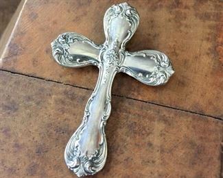 Vintage Towle sterling cross pendant with hidden bale. Size 1 3/4" w x 2 1/2" h. Signed TOWLE STERLING. $90
