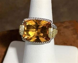 Judith Ripka 18k yellow gold, diamond, citrine and sterling ring size 6 1/2. Face of ring is 3/4" by 9/16". Signed JRTWO, stamped 18K and 925.  $388
