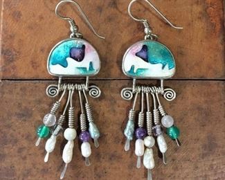 Vintage early Ricky Frank enamel sterling silver earrings with paddle fringe, size 3/4" wide by 2 3/4" long. Signed R. Frank '89. $270