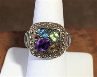 EFFY Balissima sterling silver, 18k, and gemstone ring, size 7. Amethyst, peridot, citrine, blue topaz gemstones. Face of ring is 5/8" wide by 5/8" high. Signed EFFY, stamped 925 18K. $260
