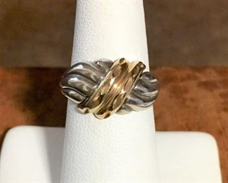 14k and sterling ring size 6 1/4. Face of ring is 3/4" wide by 7/16" high. Signed MO, stamped 14K 925. $160