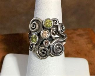 Pandora sterling silver and gemstone ring size 6 1/2 - 6 3/4. Face of ring is 3/4" wide x 7/8" high. Signed ALE (for Pandora), stamped 925. $120
