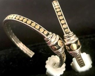 Large John Hardy retired hoop earrings in sterling silver with gold dots.  1 1/4" in diameter, weighing 9.7g.  $750