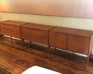 Mid-Century Modern teakwood three-section credenza with locking cabinets, 27” high x 102” long x 17” deep