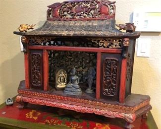 Chinese carved, pierced and painted wood Buddhist shrine 