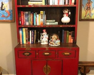 Asian red lacquered bookcase/cabinet