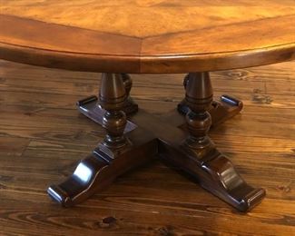 Round pedestal dining table with inlaid mixed woods parquetry top, 29” high x 60” diameter