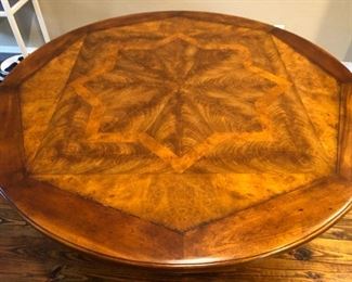Round pedestal dining table with inlaid mixed woods parquetry top, 29” high x 60” diameter