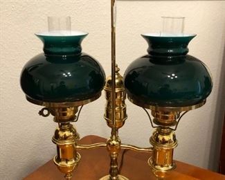 Vintage brass student's lamp with green glass shades
