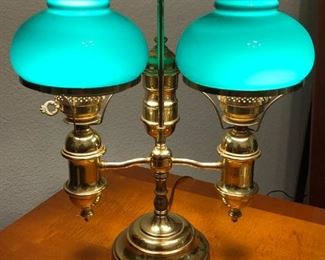 Vintage brass student's lamp with green glass shades