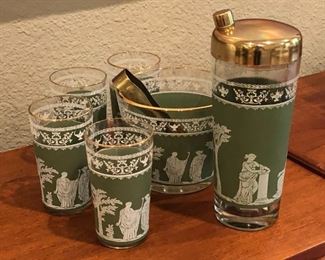 Vintage Wedgwood style decorated glass bar set