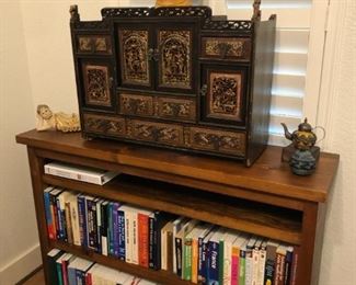 Chinese Buddhist carved and gilded family shrine and nice bookcase with adjustable shelves