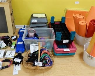 Smaller equipment includes new and used/sanitized 1/4 or 1/8" yoga mats, Step boards of various sizes and variable heights, weights, kettle bells and balls, recovery/rebound boars, circle, figure 8 and full resistant bands, therabands.