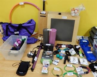 Exercise Equipment including Cushioned Cardio Boards, Hoola Hoops, Weighted Stick, Pilates Bar, Weights, Kettle Bell and Balls, Track training Parachute, 48", Round and Figure 8 Resistance Bands, Thera-Band, Balance Boards, Bosu Balls (sold), Ab Roller, 3 Sizes and Styles of Step Boards, Stability Balls, Rebounder with Stability Bar