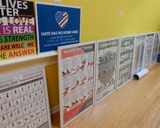Framed Exercise Posters, Stability Ball, Resistance Band, Full Body Stretches, Heart Rate Chart, as well as Black Lives Matter and Hate Has No Home Here Signs.