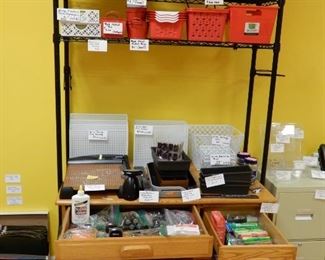 Office Organizational Supplies including Solid Oak Desk, Bins, Fans, File Cabinets, Hanging File Folders, Card Stock, Paper, Waste Baskets, Drawer Organizers, Calculators and more.