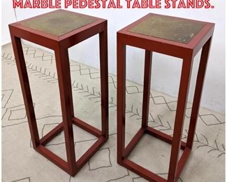 Lot 1102 Pair Red Lacquer and Marble Pedestal Table Stands.