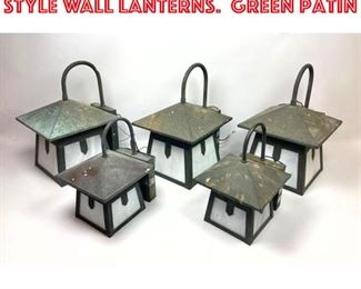Lot 1190 Set 5 Arts and Crafts Style Wall Lanterns. Green patin