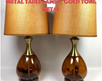 Lot 1525 Pair Amber Glass and Metal Table Lamps. Gold tone metal