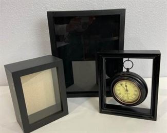 Two Shadow Box Display Cases and Clock