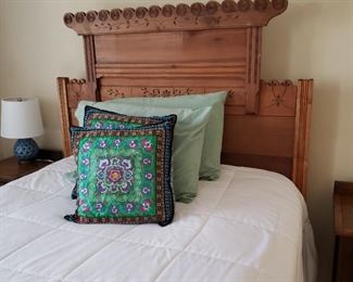 Oak full size bed, bedding in this photo is not for sale