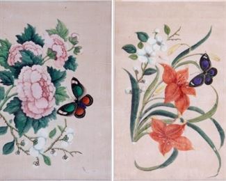 Two Chinese 19th C. Pith Paints Flower and Butterfly