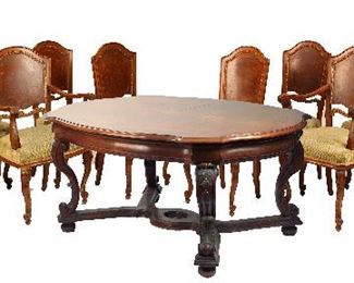 Austrian J. Muller Marquetry Table & 10 Chairs